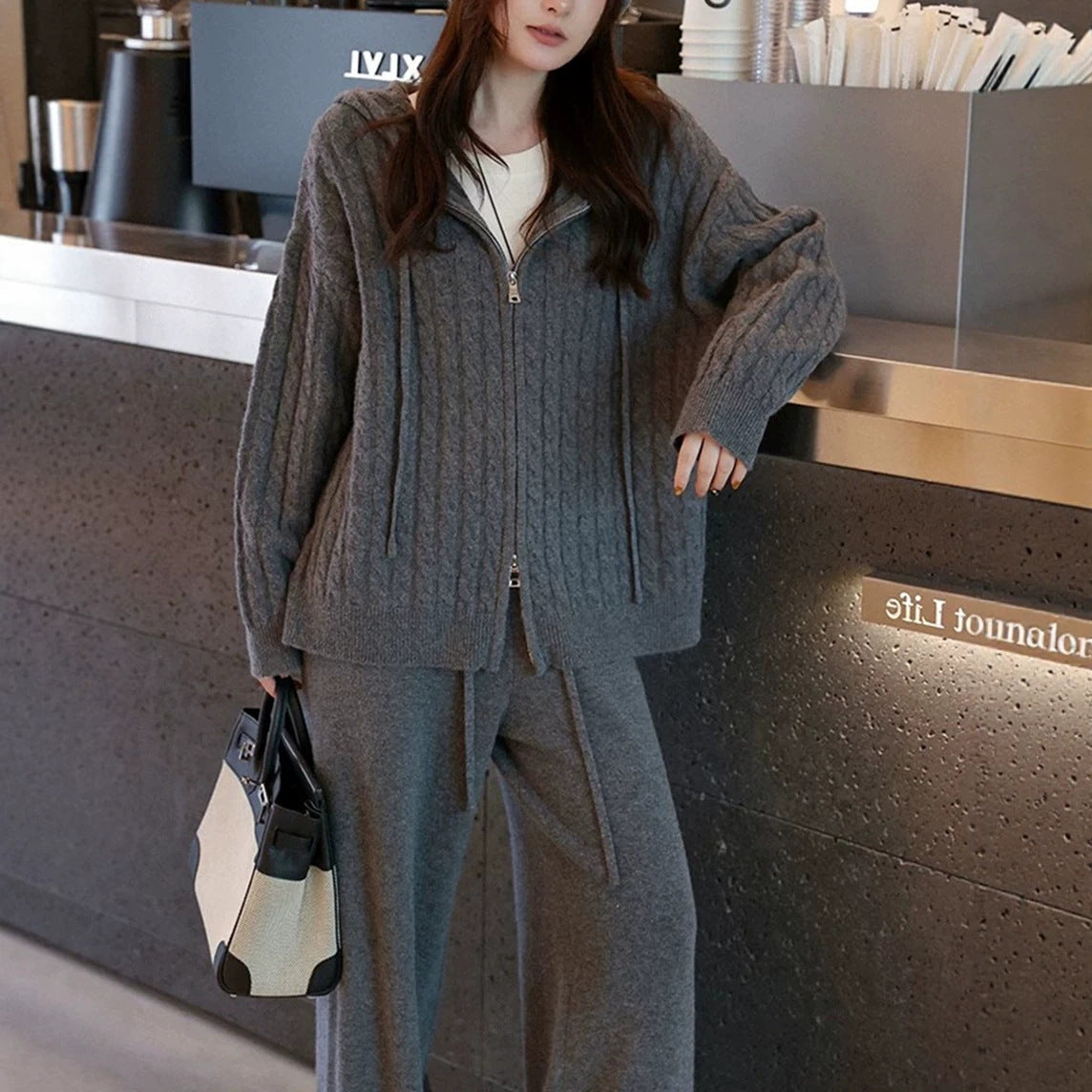 Hooded cardigan two-piece set
