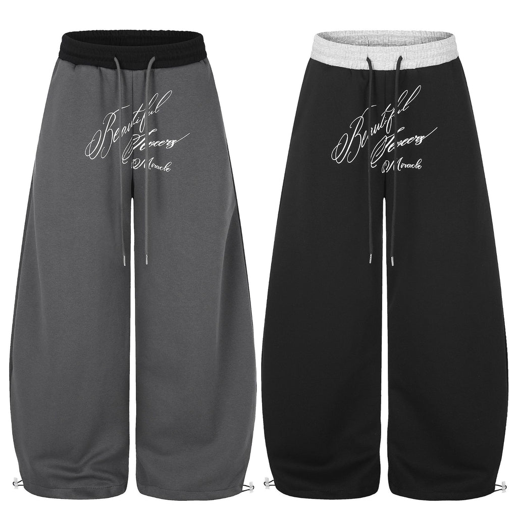 Tapered Wide-Leg Sweatpants with Contrast Color-Block Waistband and Art Letter Embroidery