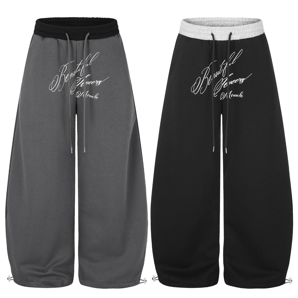 Tapered Wide-Leg Sweatpants with Contrast Color-Block Waistband and Art Letter Embroidery