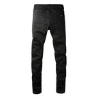 Men's Slim Fit Stretch Black Distressed Patch Vintage Jeans