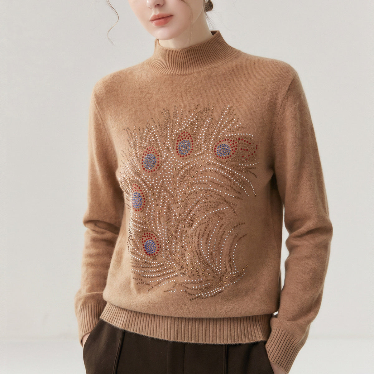Half height round neck long sleeved sweater