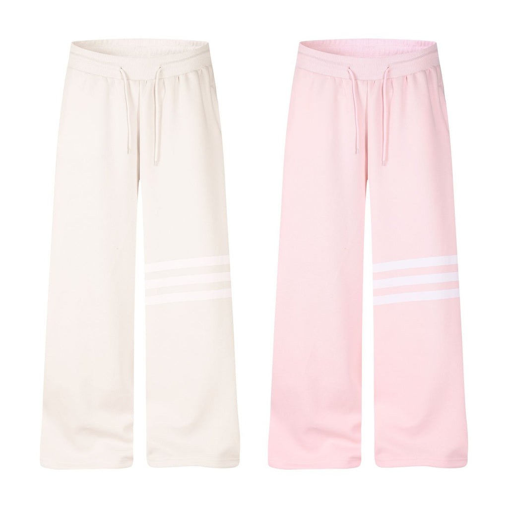 Three-Stripe Wide Leg Drawstring Sweatpants Women Casual Soft Straight Long Pants