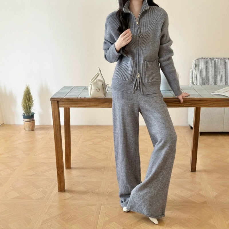Stand up collar sweater straight leg pants set