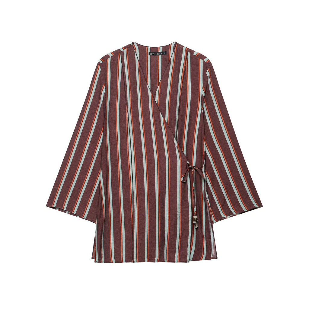 Deep V-neck double breasted striped jacket+pants set for women