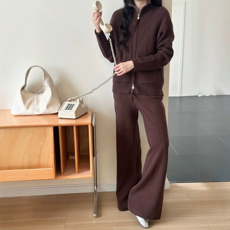 Stand up collar sweater straight leg pants set