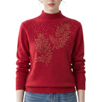 Half high neck sweater with leaf pattern