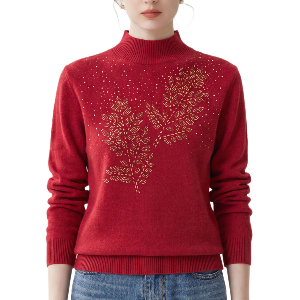 Half high neck sweater with leaf pattern