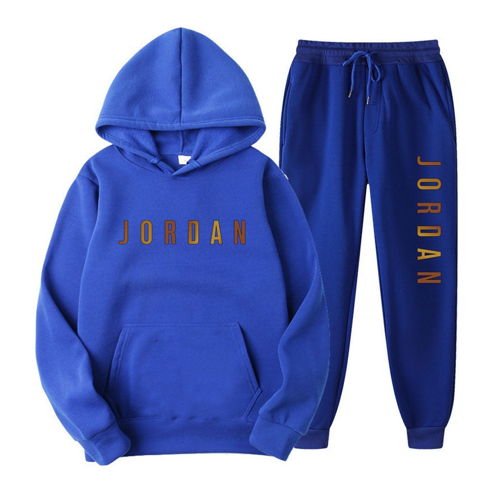 Gold Print Hooded Long Sleeve Fleece Lined Sports Casual Jacket and Pants Set