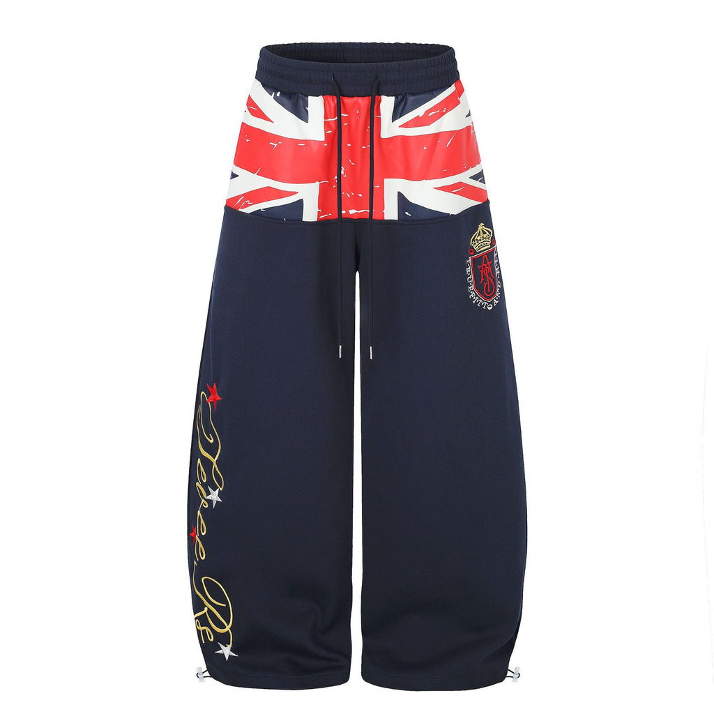 Color Block Flag Print Badge Embroidery Drawstring Loose Wide Leg Sweatpants