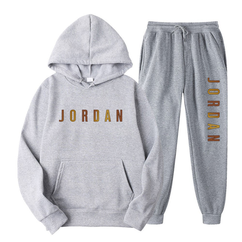 Gold Print Hooded Long Sleeve Fleece Lined Sports Casual Jacket and Pants Set