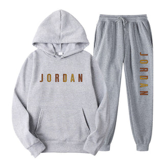 Gold Print Hooded Long Sleeve Fleece Lined Sports Casual Jacket and Pants Set