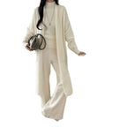 Solid color inner vest outer mid length cardigan high waist wide leg pants three piece set