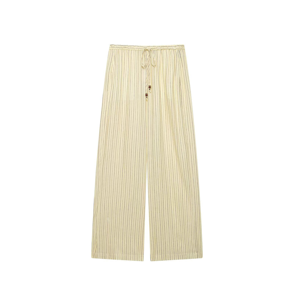 Lace up loose striped linen shirt+pants set for women