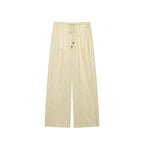 Lace up loose striped linen shirt+pants set for women