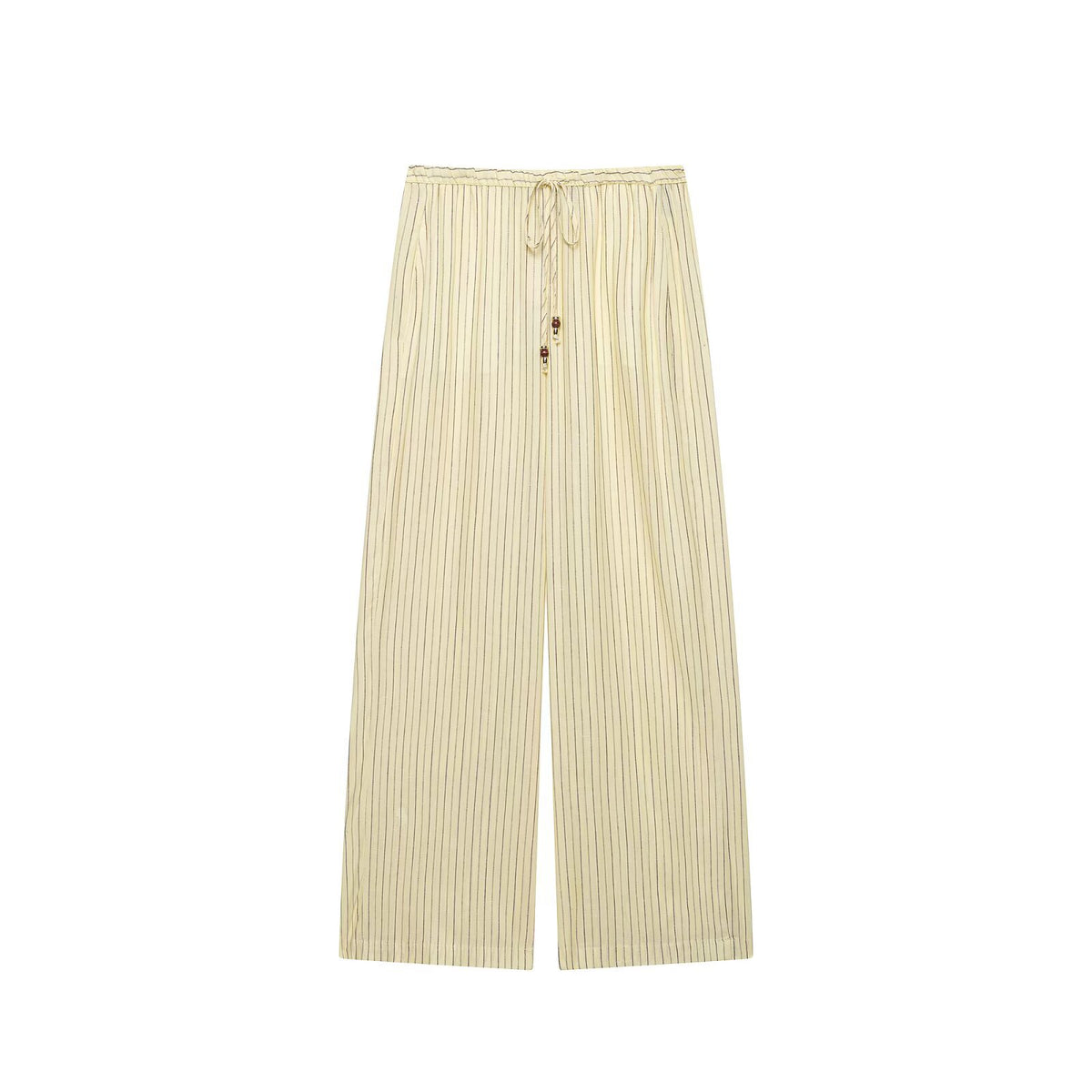 Lace up loose striped linen shirt+pants set for women