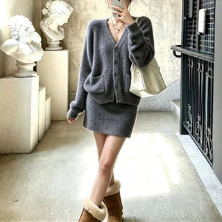 V-neck sweater short skirt set