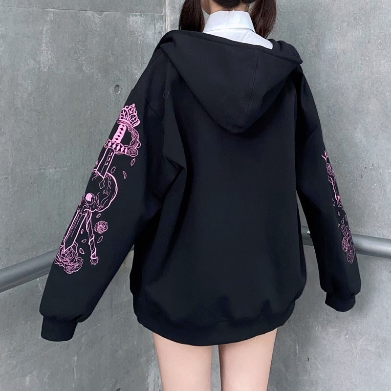 Women's Retro Print Long Sleeve Zip Hoodie