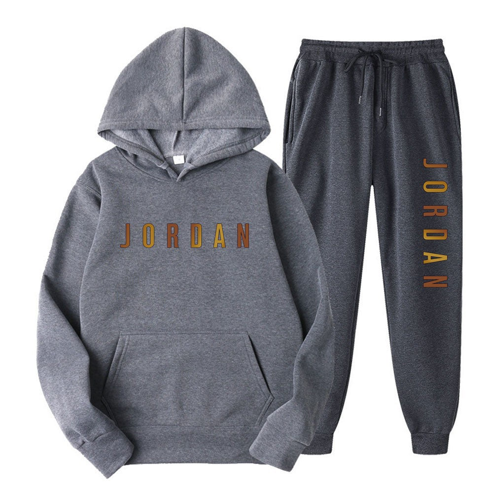 Gold Print Hooded Long Sleeve Fleece Lined Sports Casual Jacket and Pants Set