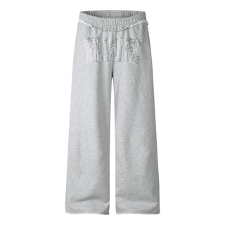 Sweatpants Women Rhinestone Letter Embellished Raw Hem Waistband Loose Drapey Long Pants