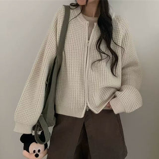Round neck double zipper short sweater