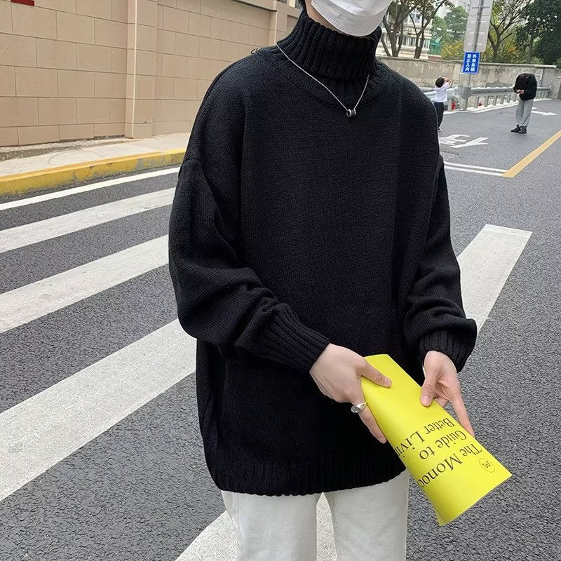 Men's Relaxed Fit Vintage Solid Color High Neck Knit Sweater