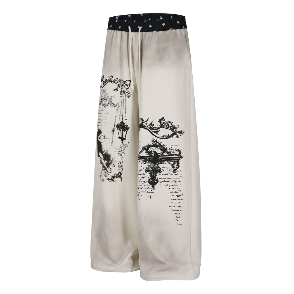 Women's Subculture Loose Wide Leg Sweatpants, Character Print, Star Waistband Casual Floor Length Pants