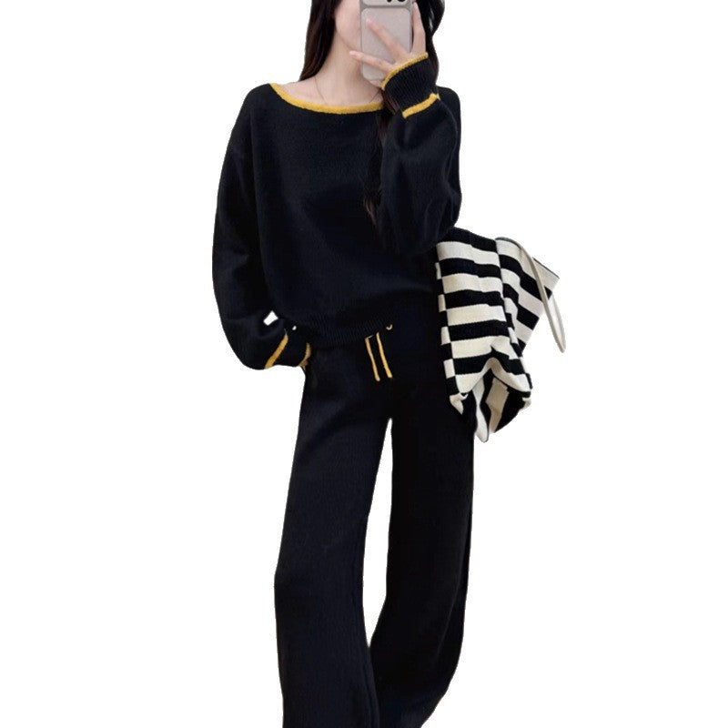 One neck contrasting pullover sweater set for women