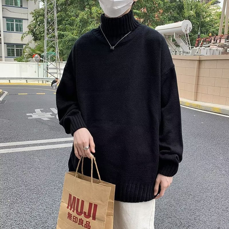 Men's Relaxed Fit Vintage Solid Color High Neck Knit Sweater