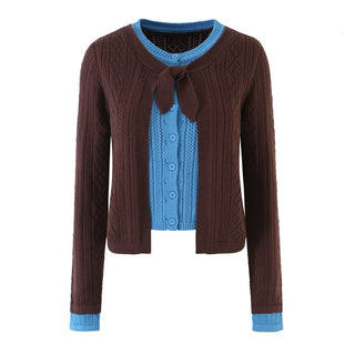 Women's Color-Block Argyle Openwork Crop Knit Cardigan Sweater