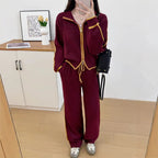 Color blocked zipper cardigan two-piece set