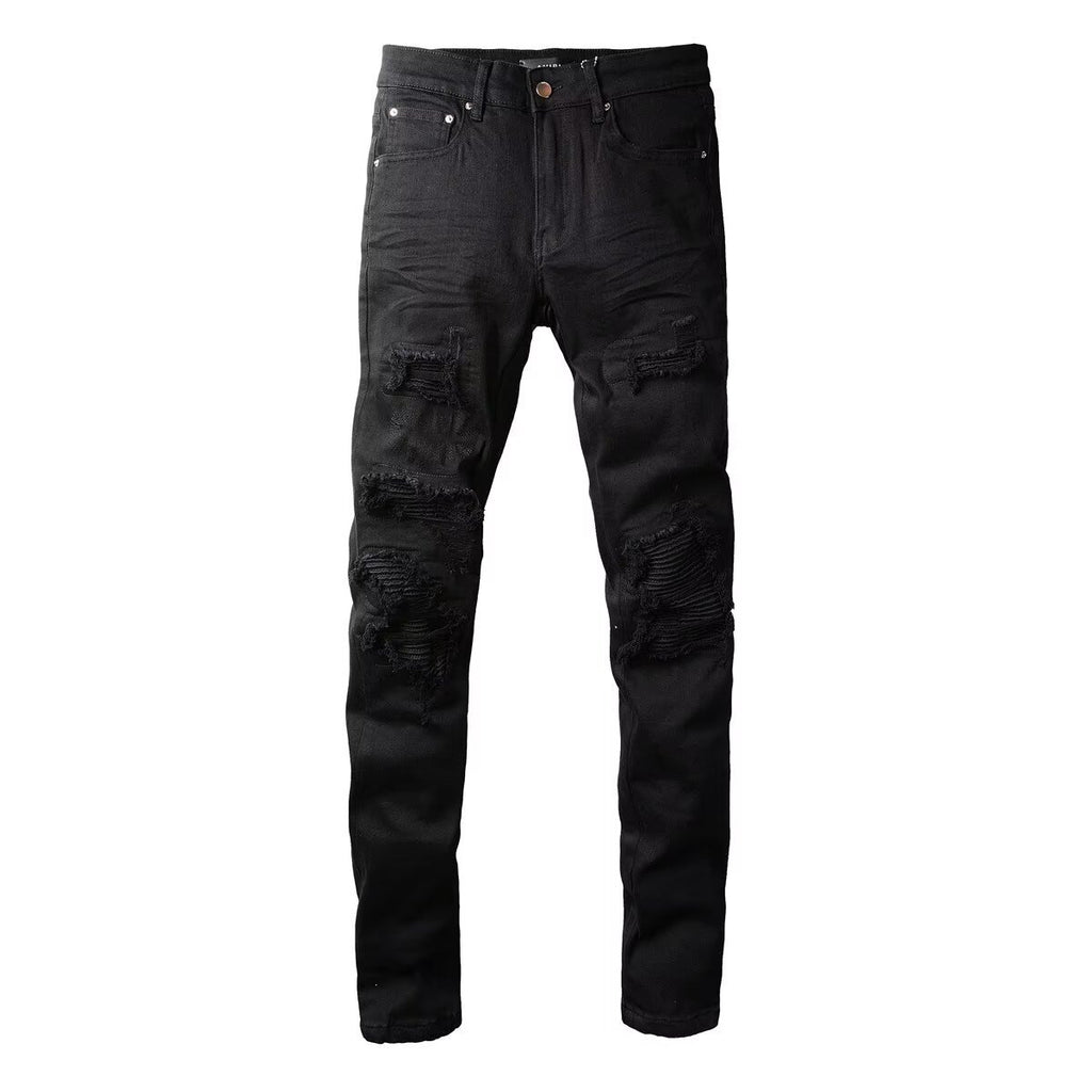 Men's Slim Fit Stretch Black Distressed Patch Vintage Jeans