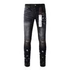 Men's Black Graffiti Splatter Distressed Skinny Jeans, Stretch Slim Fit Knee Cut-Out Denim Pants