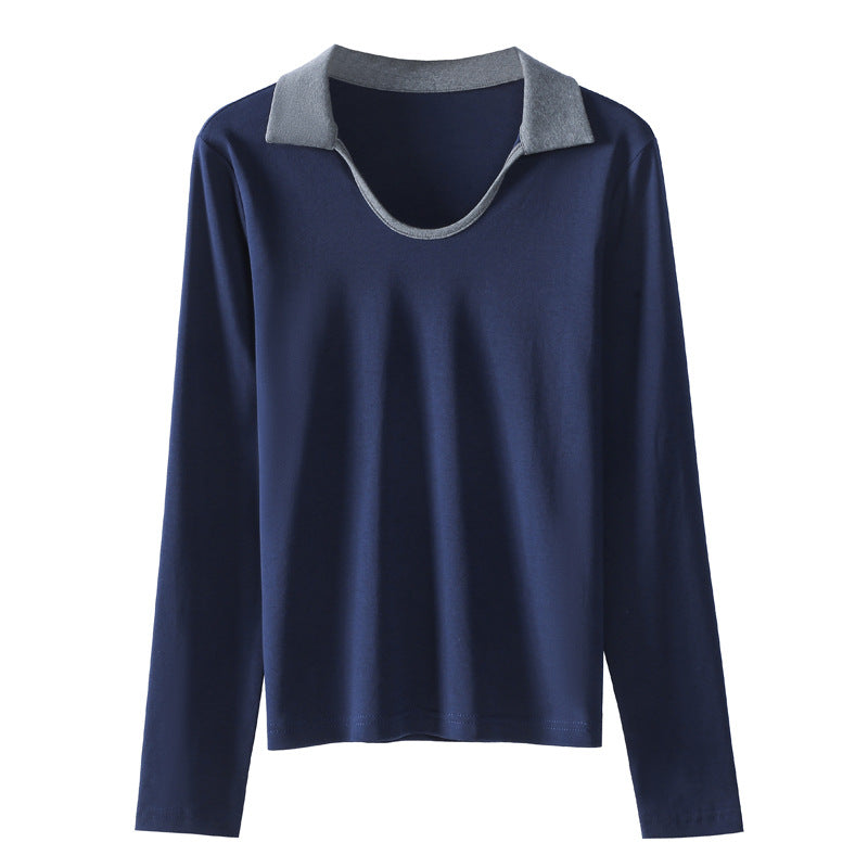 Women's long sleeved contrasting polo collar T-shirt