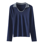 Women's long sleeved contrasting polo collar T-shirt