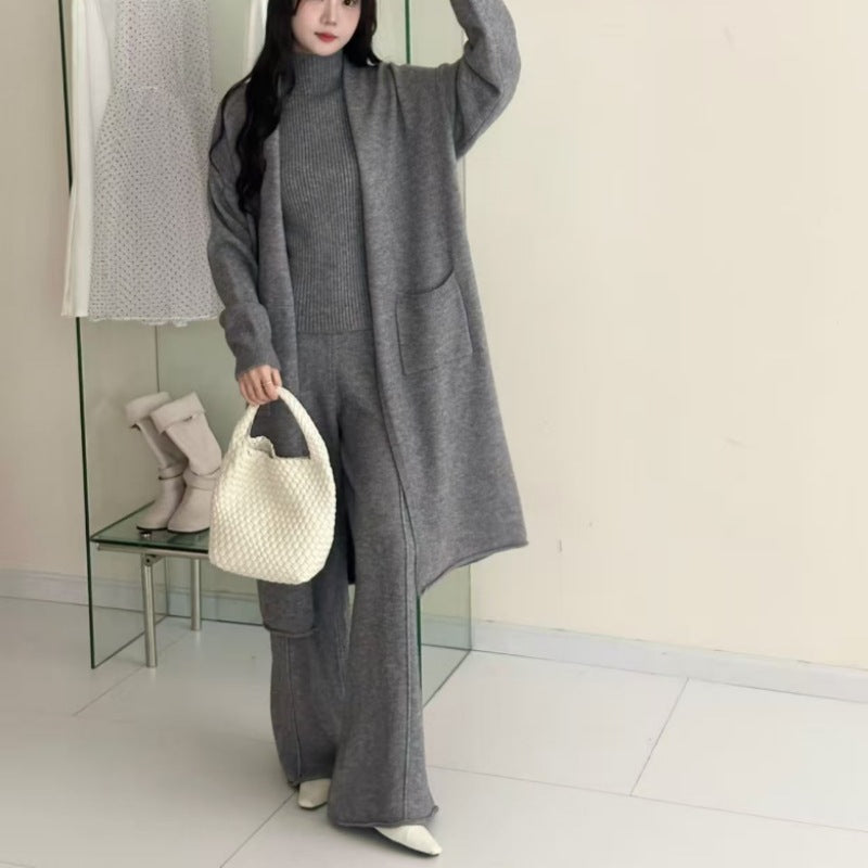 Solid color inner vest outer mid length cardigan high waist wide leg pants three piece set