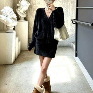 V-neck sweater short skirt set