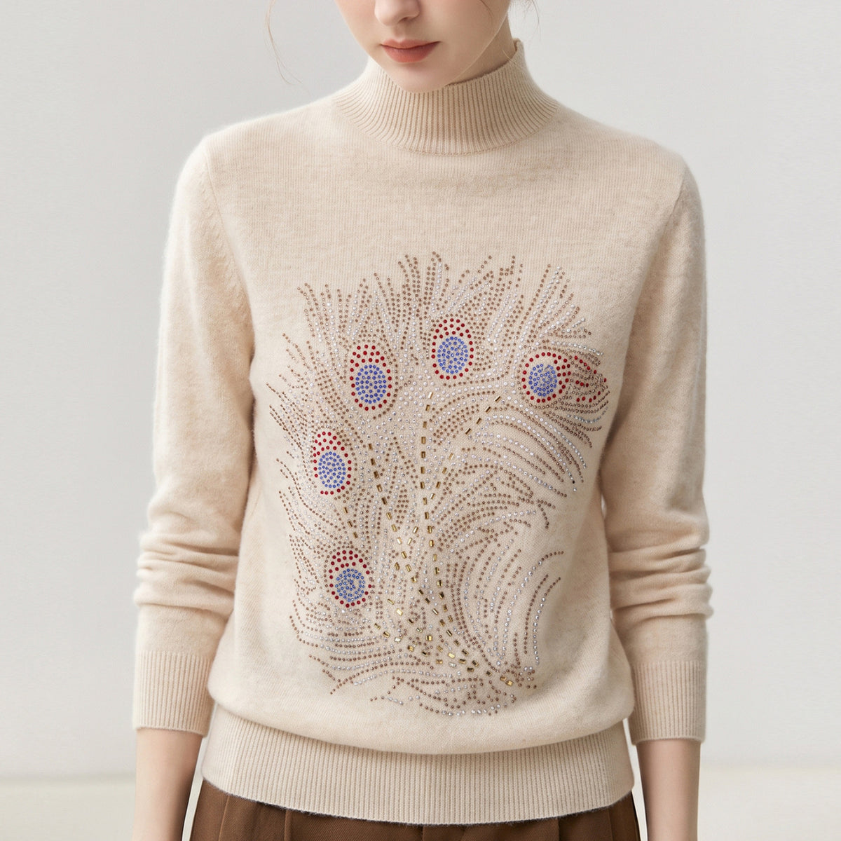 Half height round neck long sleeved sweater