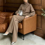 Solid color stand up collar zipper sweater wide leg pants two-piece set