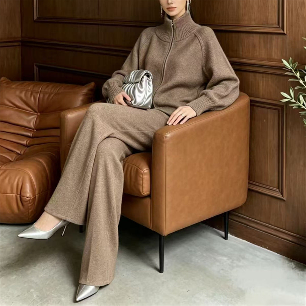 Solid color stand up collar zipper sweater wide leg pants two-piece set