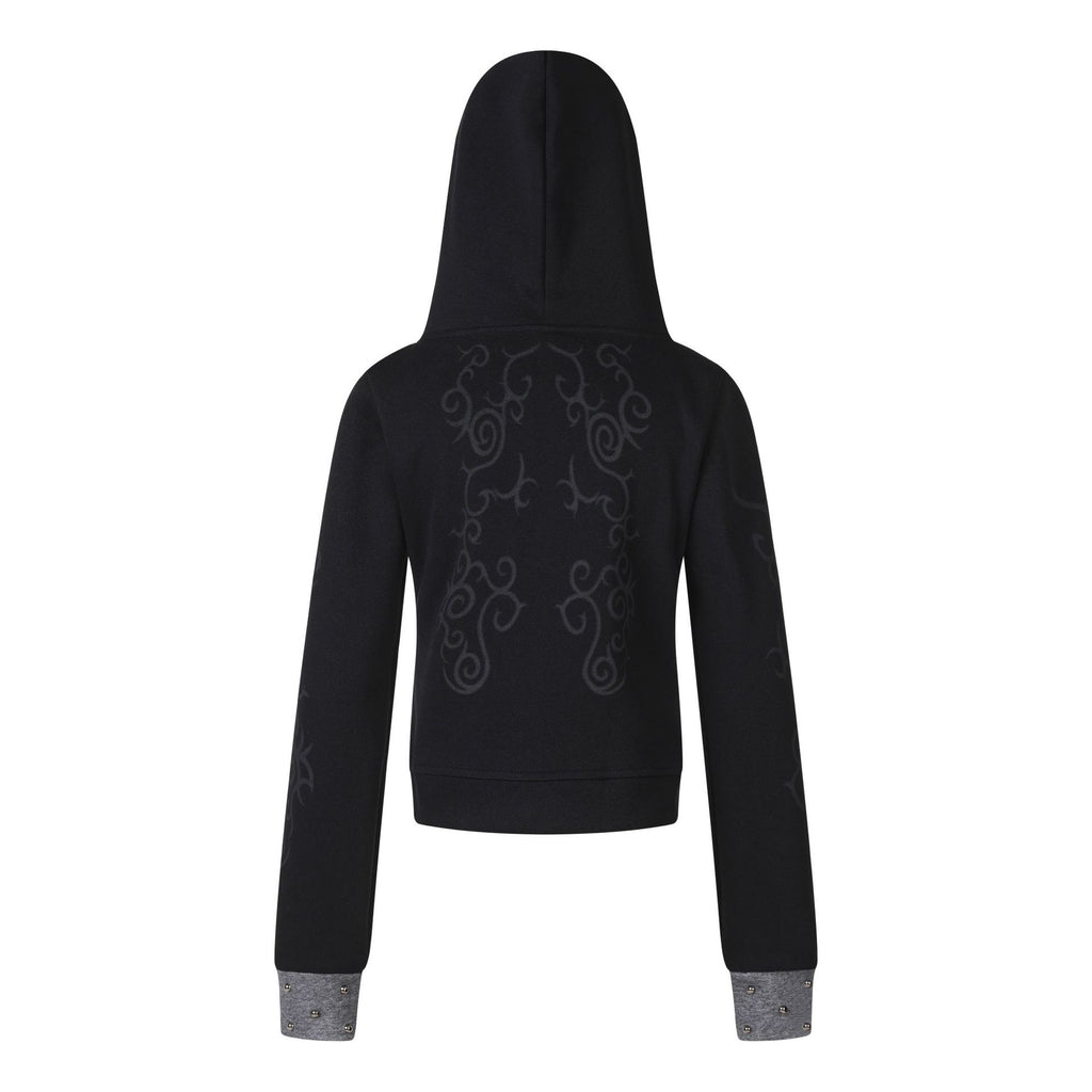 Women's Punk Print Hooded Zip-Up Jacket Slim Fit Casual Rivet Fleece Coat