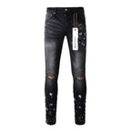 Men's Black Graffiti Splatter Distressed Skinny Jeans, Stretch Slim Fit Knee Cut-Out Denim Pants