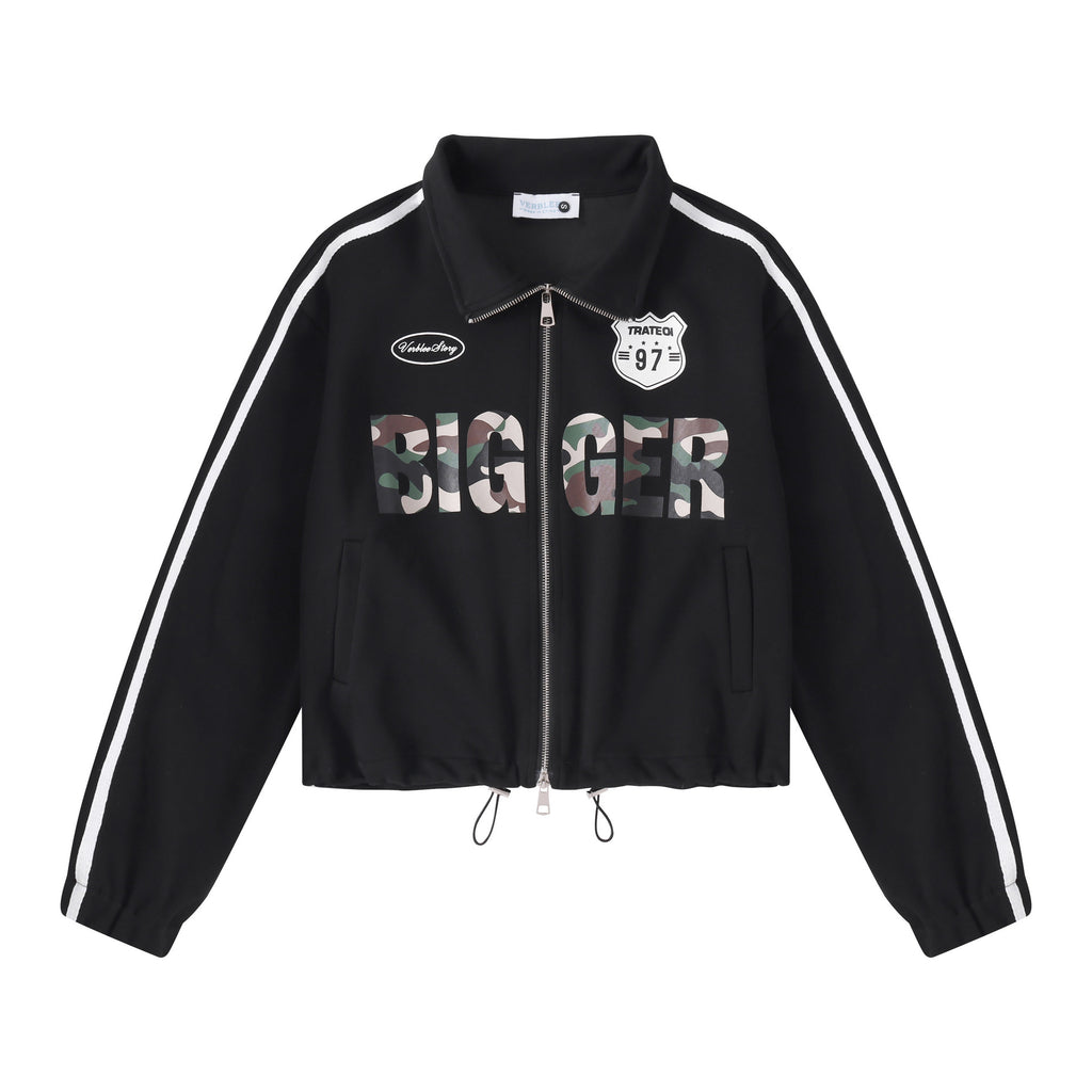 Streetwear Camouflage Print Double Zipper Stand Collar Loose Fit Jacket with Side White Webbing Drawstring