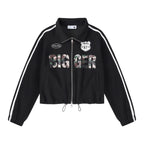 Streetwear Camouflage Print Double Zipper Stand Collar Loose Fit Jacket with Side White Webbing Drawstring