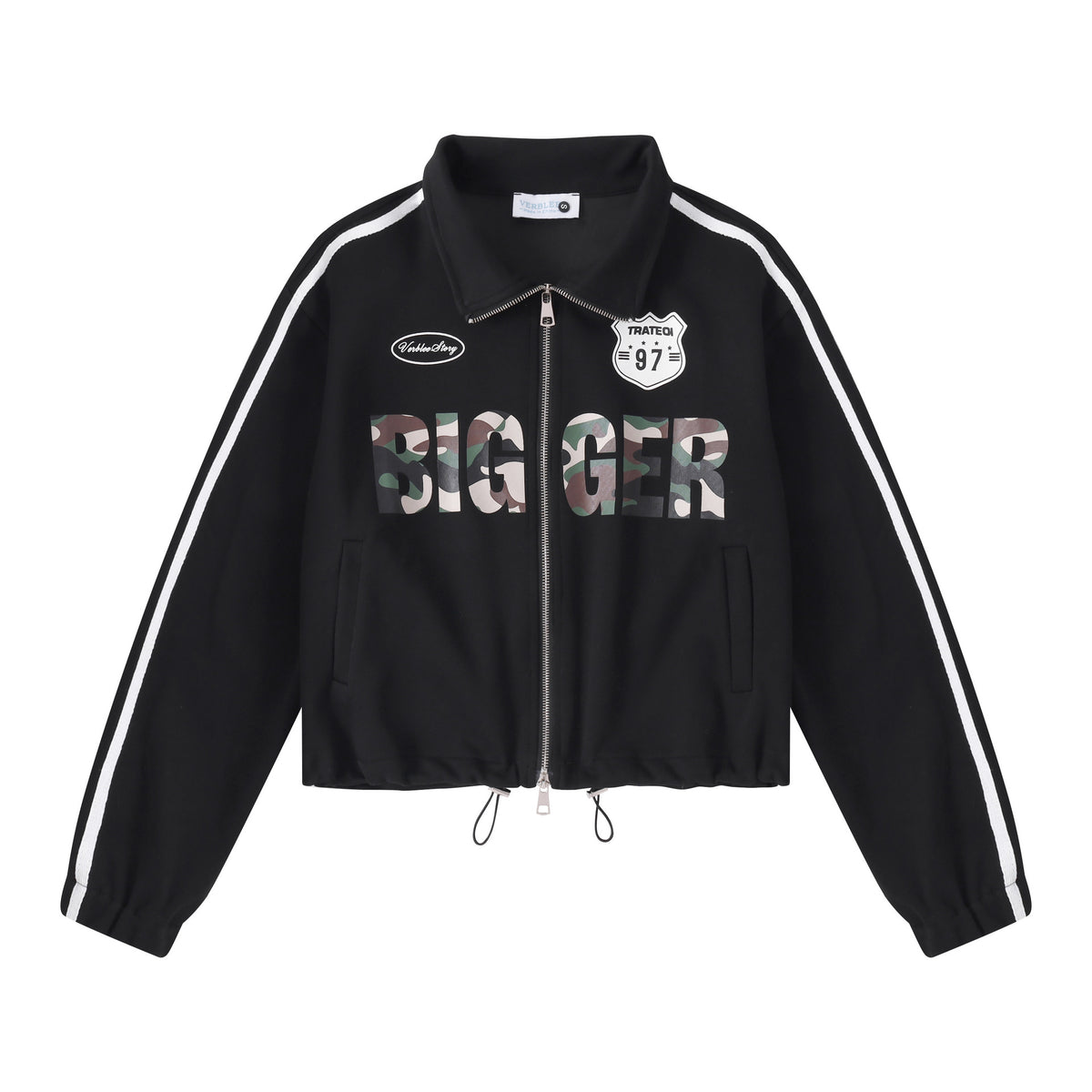Streetwear Camouflage Print Double Zipper Stand Collar Loose Fit Jacket with Side White Webbing Drawstring