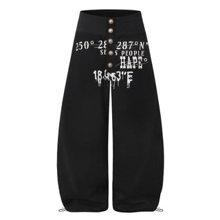 Curved Leg Wide Leg Sweatpants with Distressed Coordinate Print Drawstring