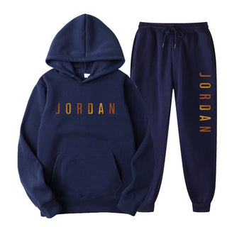 Gold Print Hooded Long Sleeve Fleece Lined Sports Casual Jacket and Pants Set