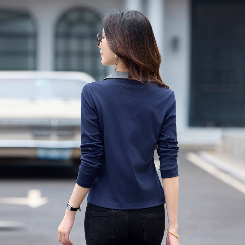 Women's long sleeved contrasting polo collar T-shirt