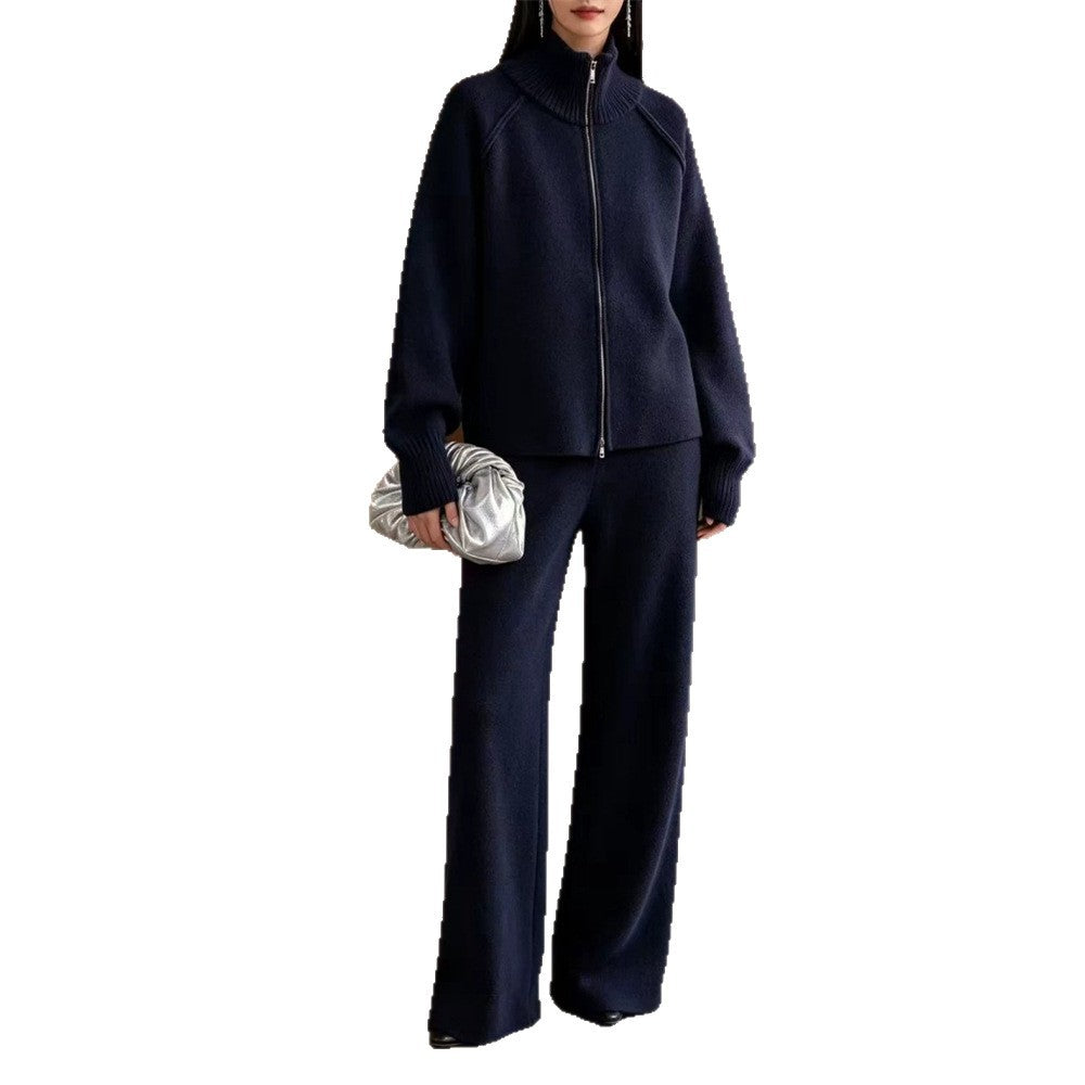 Solid color stand up collar zipper sweater wide leg pants two-piece set