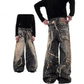 Heavyweight Printed Streetwear Denim Pants with Chain Detail Straight Leg Long Trousers for Men and Women