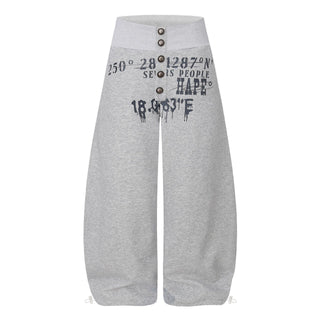 Curved Leg Wide Leg Sweatpants with Distressed Coordinate Print Drawstring